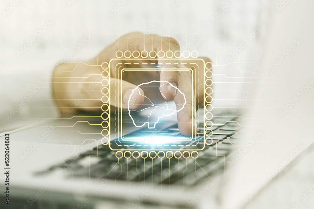 Poster double exposure of creative artificial intelligence symbol with hands typing on laptop on background