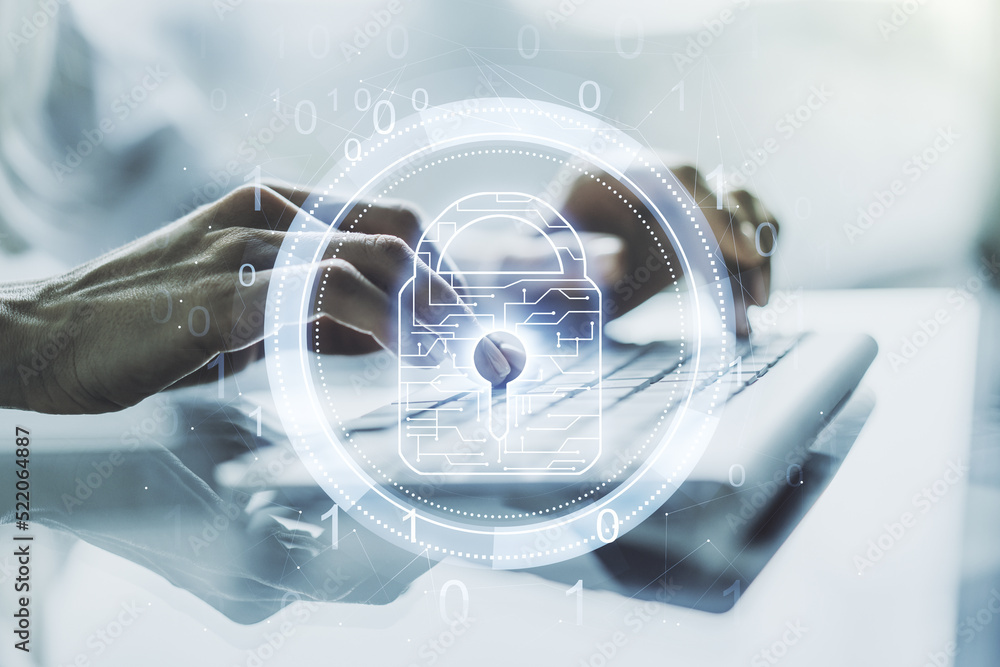 Leinwandbilder creative lock sketch with chip hologram and hands typing on computer keyboard on background, protect