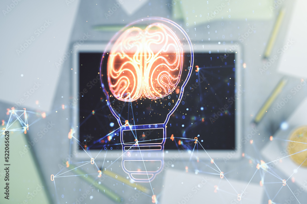 Aufkleber double exposure of creative light bulb hologram with human brain and digital tablet on background, t