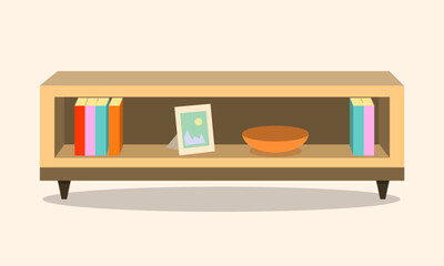 Ilustración de estante horizontal con libros y un cuadro. Interior de casa. Habitación con mueble.