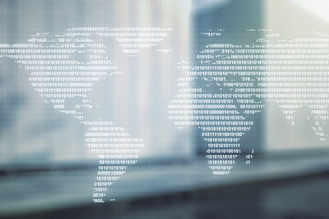 Abstract creative world map interface on blurry modern office building background, international...
