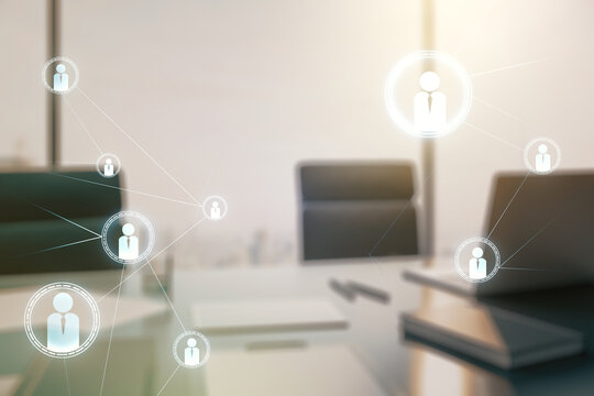 Double exposure of social network icons concept and modern desk with computer on background. Networking concept