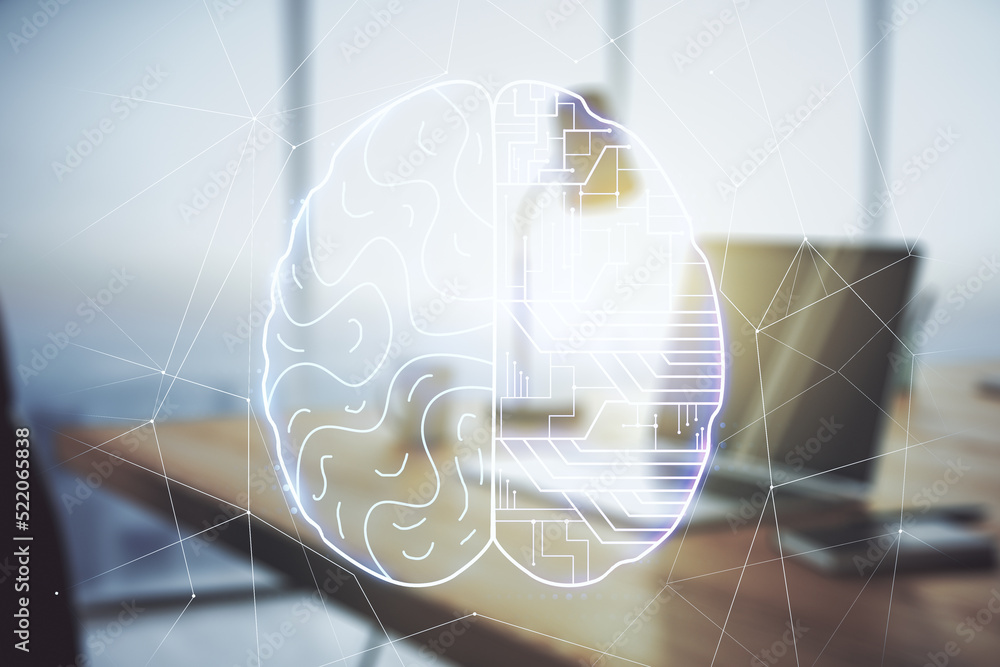 Poster double exposure of creative artificial intelligence symbol with modern laptop on background. neural 