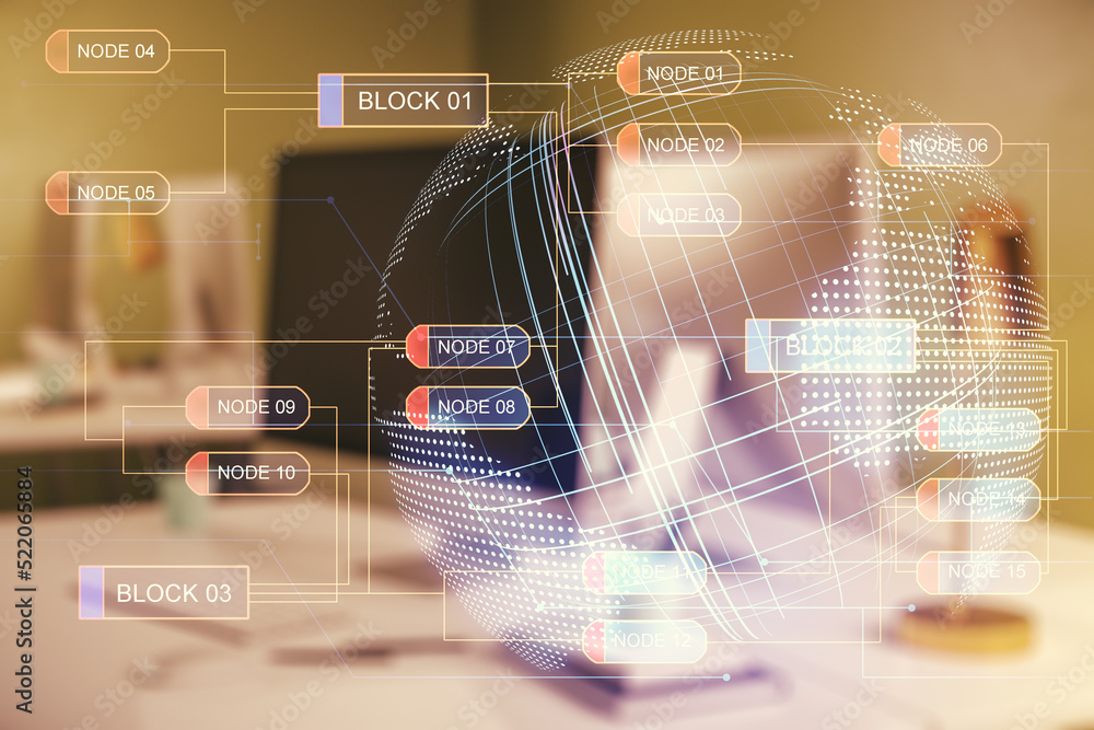 Aufkleber abstract creative coding concept with world map on modern laptop background. multiexposure