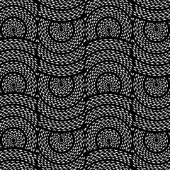 Ethnic Boho pattern, triangles, and circles in African style on black background with dynamic waves,  Tribal art for print, Wall frames, textile, wrapping papers, mobile covers