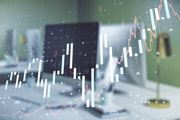 Multi exposure of abstract creative financial chart on computer background, research and analytics concept