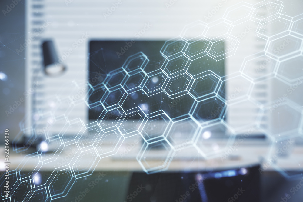Poster creative abstract wireless technology hologram with hexagon on modern computer background, artificia
