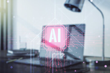 Creative artificial Intelligence symbol concept with modern computer on background. Double exposure