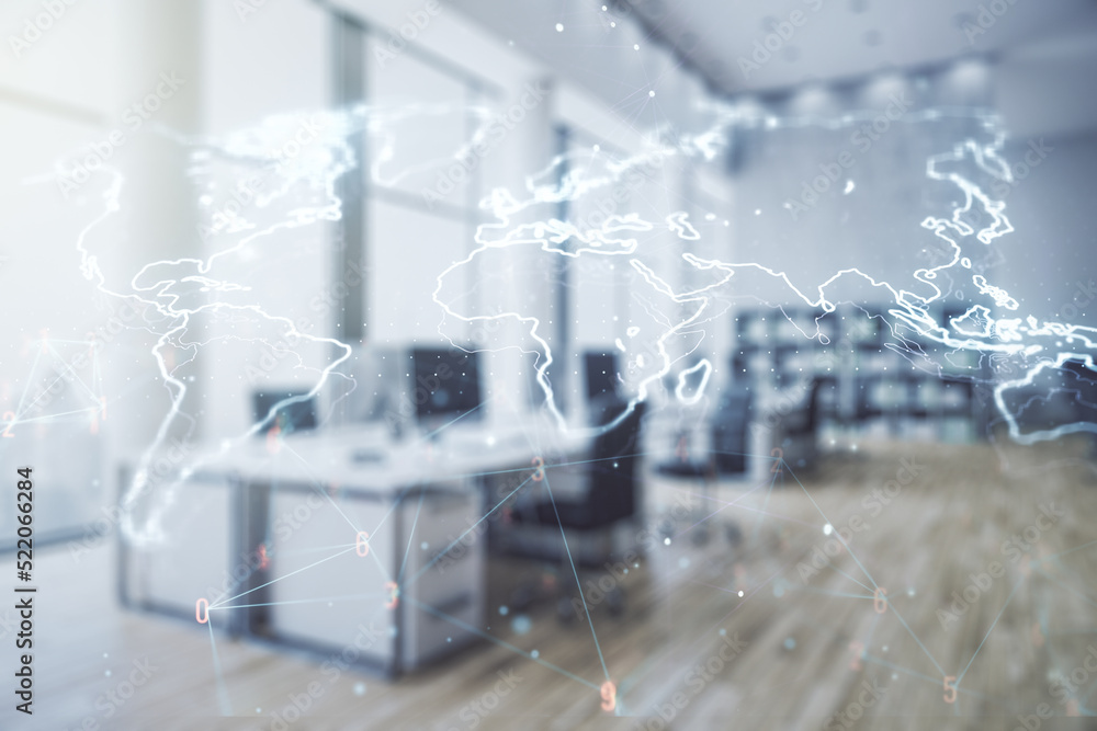 Aufkleber double exposure of abstract digital world map hologram on a modern furnished office interior backgro