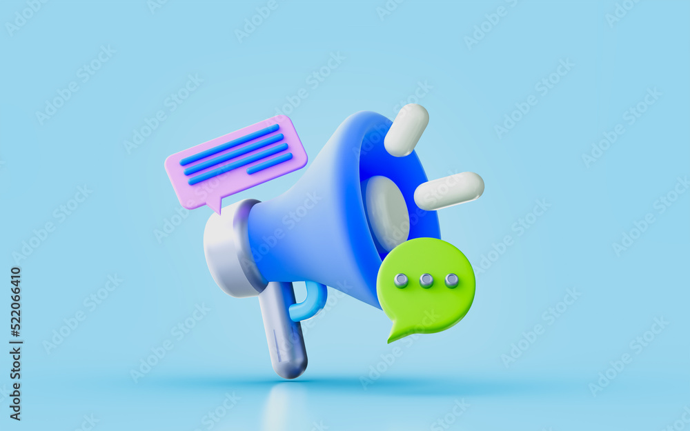 Poster megaphone with message chat sign 3d render concept for loud communication performance on stage