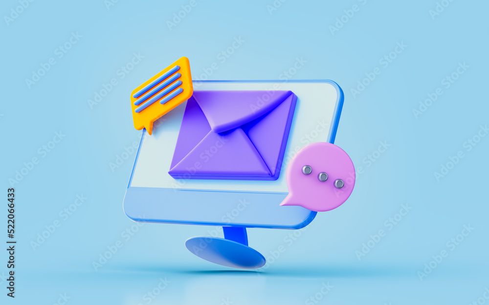 Poster computer monitor with message chat 3d render concept for online learning email education
