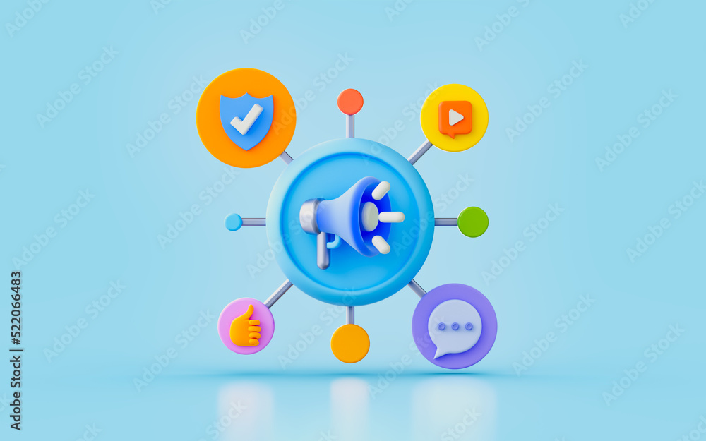 Poster megaphone with security shield message chat video player emoji sing 3d render concept