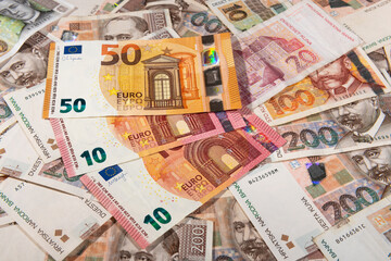 Euro banknotes and Kuna Croatian currency background