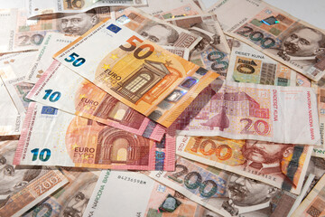 Euro banknotes and Kuna Croatian currency background - obrazy, fototapety, plakaty