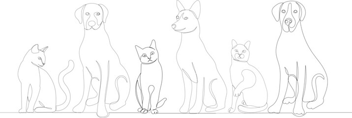 cats and dogs sitting one continuous line drawing vector