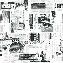 Abstract seamless pattern with newspaper and magazine clippings in grunge style. Monochrome vector background with imitations of text, illustrations, headlines. Wallpaper, wrapping paper, fabric