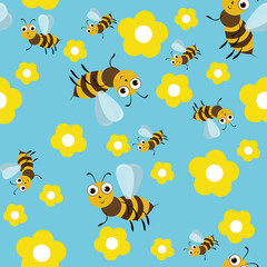 seamless pattern illustration of a bee and flowers on a blue background. Design element for printing on children's clothes, toys, dishes, napkins, for the holiday.
