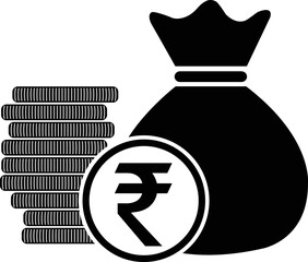 money bag with coins Indian Rupee, INR currency symbol, vector illustration.
