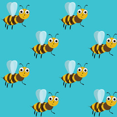 seamless pattern illustration of a bee on a blue background. Design element for printing on children's clothes, toys, dishes, napkins, for the holiday.