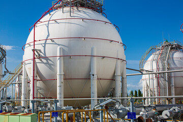 White spherical propane tanks containing fuel gas industry