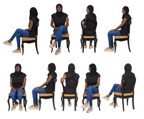 group of same women sitting on chair on white background