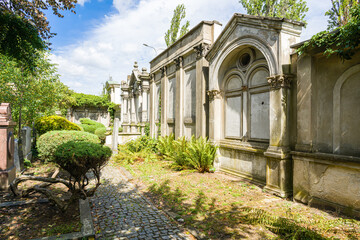 Decorative historic family tombs in the old Jewish cemetery in Wrocław.