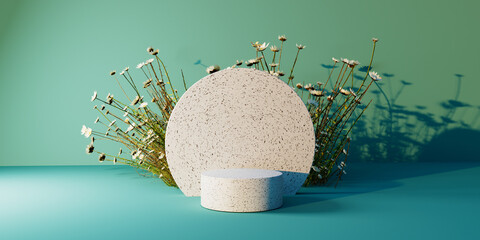 White stone podium with flowers - 3D render