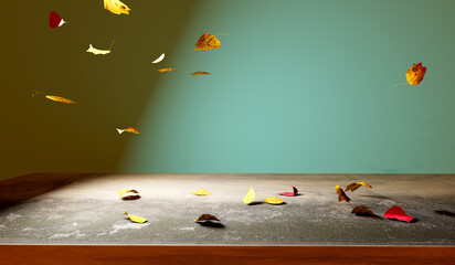 Autumn leaves with a concrete table - 3D render