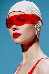 A delightful lady in red glasses looks in front of her. Style fashion shooting