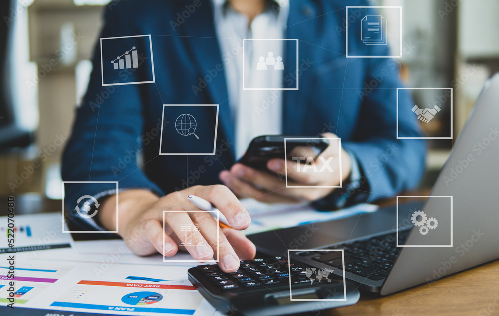 Poster business man working on desk with business icon on visual screen in concept of business idea and dat