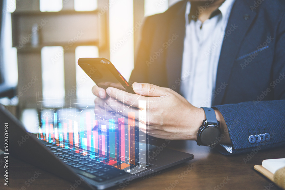 Aufkleber business data analysis and investment with visual growing graph on working desk.