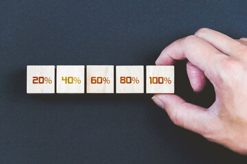 Innovation and business idea concept, hand putting the wood block and icon counting to 100%, finish on target.