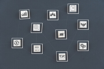 Innovation business Technology Concept with business Symbol on a Wooden Block. Data Network Connections concept.