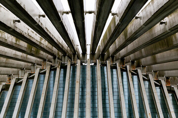 Fototapeta premium modernist construction in decline in the north of spain, decadent style building, white full of rust and deterioration