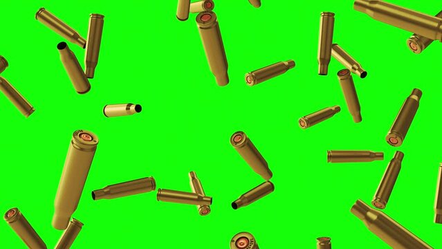 Falling spent cartridge cases from automatic weapons on a green background. Looped animation