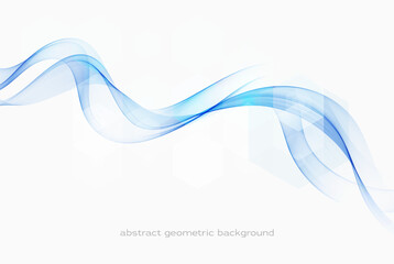 Blue transparent wave flow with transparent geometric shapes.Abstract background