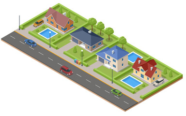 Isometric own street with private houses, gardens, cars. Modern house with terrace and pool. Suburban and village houses, homes.