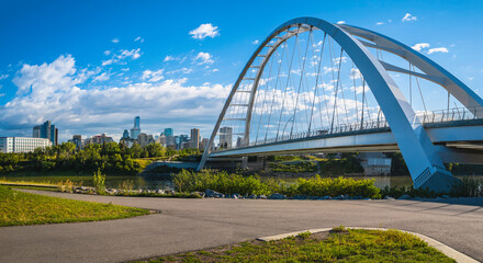 Walterdale Bridge and Edmonton skyline at Queen Elizabeth Park in Alberta, Canada
