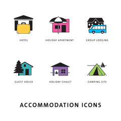 Accomodation Icons colours, travel and tourism categories - obrazy, fototapety, plakaty
