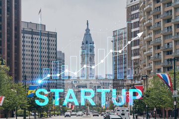 Summer day time cityscape of Philadelphia financial downtown, Pennsylvania, USA. City Hall neighborhood. Startup company, launch project to seek, develop and validate scalable business model, hologram