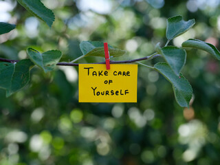 A paper note with the phrase Take Care of Yourself on it attached to a tree branch with a clothes...