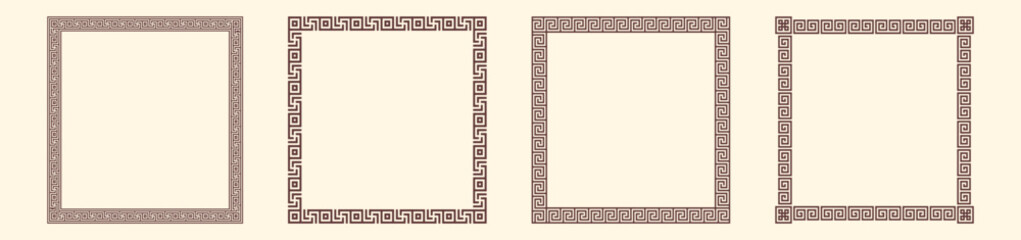 Greek key border, square frames collection. Decorative ancient meander, greece ornamental set with repeated geometric motif. Easy to make rectangle frame.