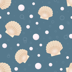 Sea bivalve shells and pearls marine seamless pattern