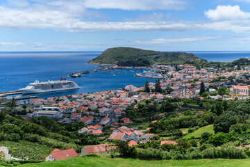 View over Horta, there is a cruise ship in the harbour / View over the city of Horta on the island of Faial, a cruise ship is in the port, Azores, Portugal.