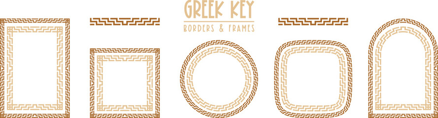 Greek key frames and borders collection. Decorative ancient meander, greece ornamental set, repeated geometric motif. Fframes consist from tiny bricks, easy to resize or change frames proportion
