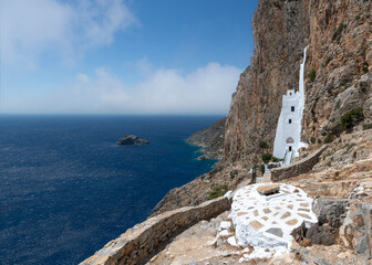 Panoramic view of the breathtaking Panagia Hozoviotissa monastery on Amorgos island in Greece. - obrazy, fototapety, plakaty
