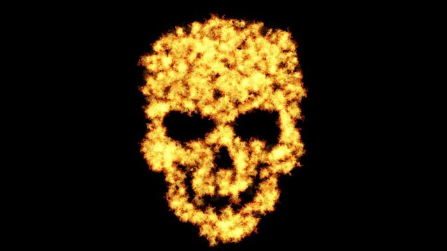 Human skull burning fire flames animation. Camera moving to the skull.