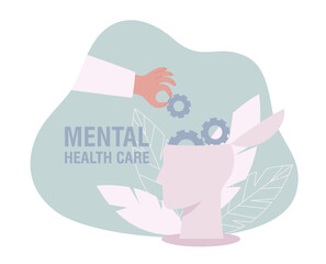 Mental health concept. Silhouette of a human's head. Psychotherapy solving problems. Therapist and patient. Modern flat style vector illustration for psychologist blog or social media post.