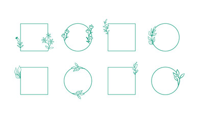 Frames with botanical doodle decoration. Leaf branches simple and elegant circles and squares. Romantic floral design. Vector illustration.