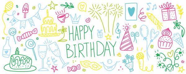 Happy Birthday. Vector collection of doodle illustrations.